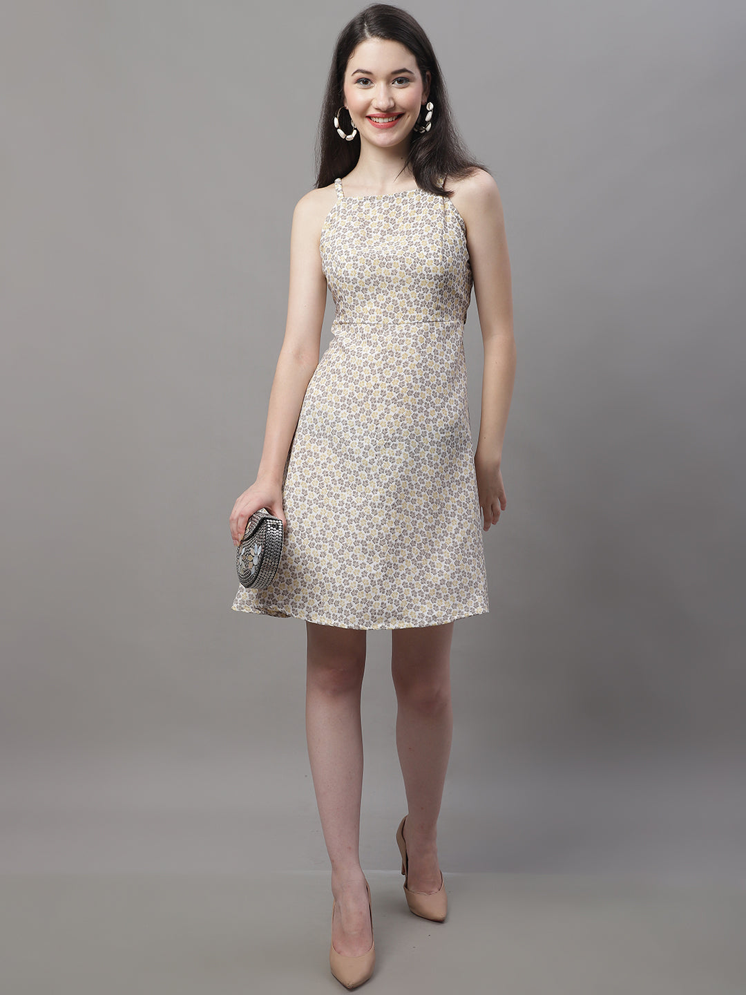 Women Off White Floral Printed A-Line Dresses