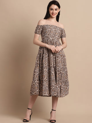 Women's Brown Printed off-Shoulder Dress