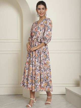 Women's Off-White Floral Printed A-line Dress With Belt