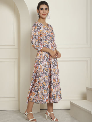 Women's Off-White Floral Printed A-line Dress With Belt