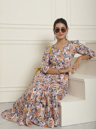 Women's Off-White Floral Printed A-line Dress With Belt