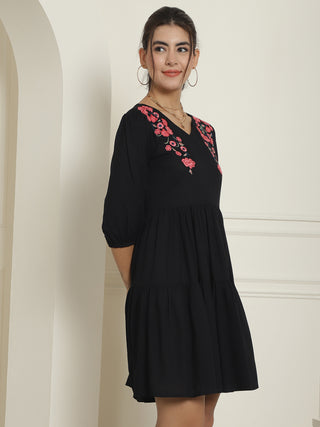 Women's Black Floral Embroidered A-line Dress