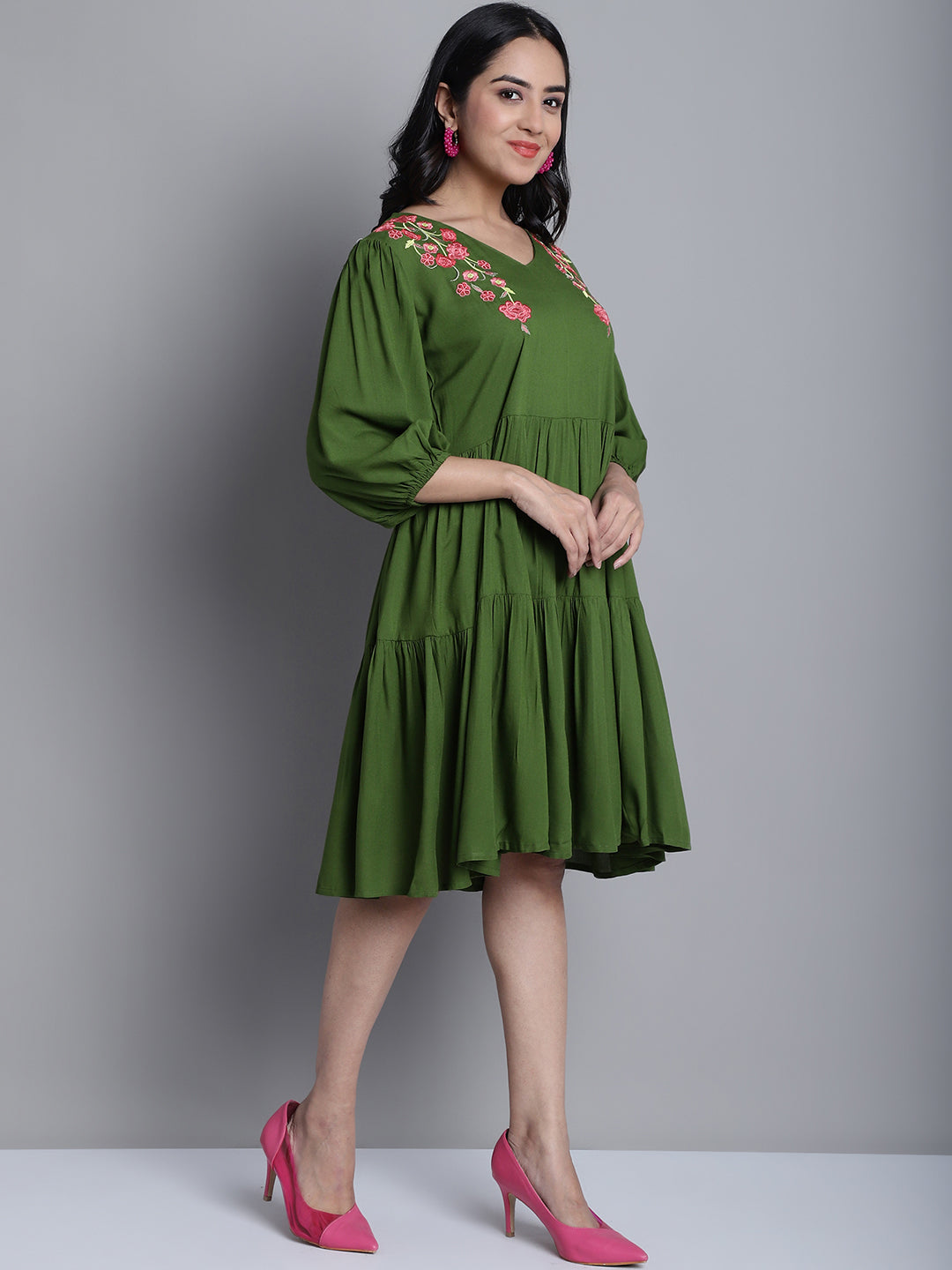 Women's Green Floral Embroidered A-line Dress