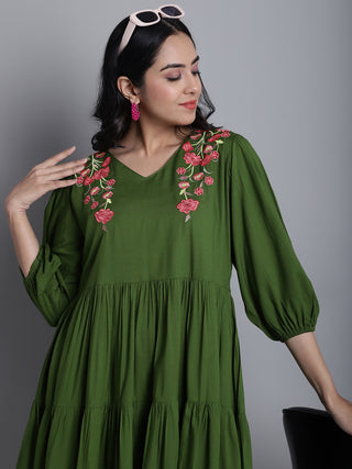 Women's Green Floral Embroidered A-line Dress