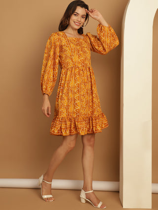 Bandhani Printed Puff Sleeve A-Line Dress