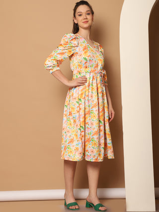 Floral Printed Puff Sleeves Midi Dress