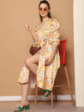 Floral Printed Puff Sleeves Midi Dress