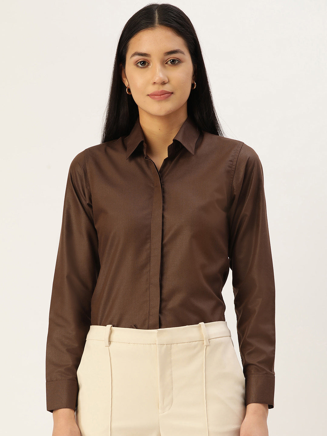 Women Coffee Solid Shirt Style Top
