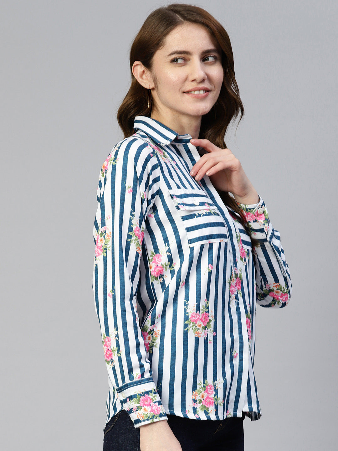 Women  Striped Double Pocket Shirt Style Top