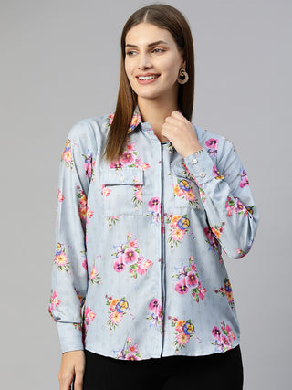 Women  Floral Double Pocket Shirt Style Top