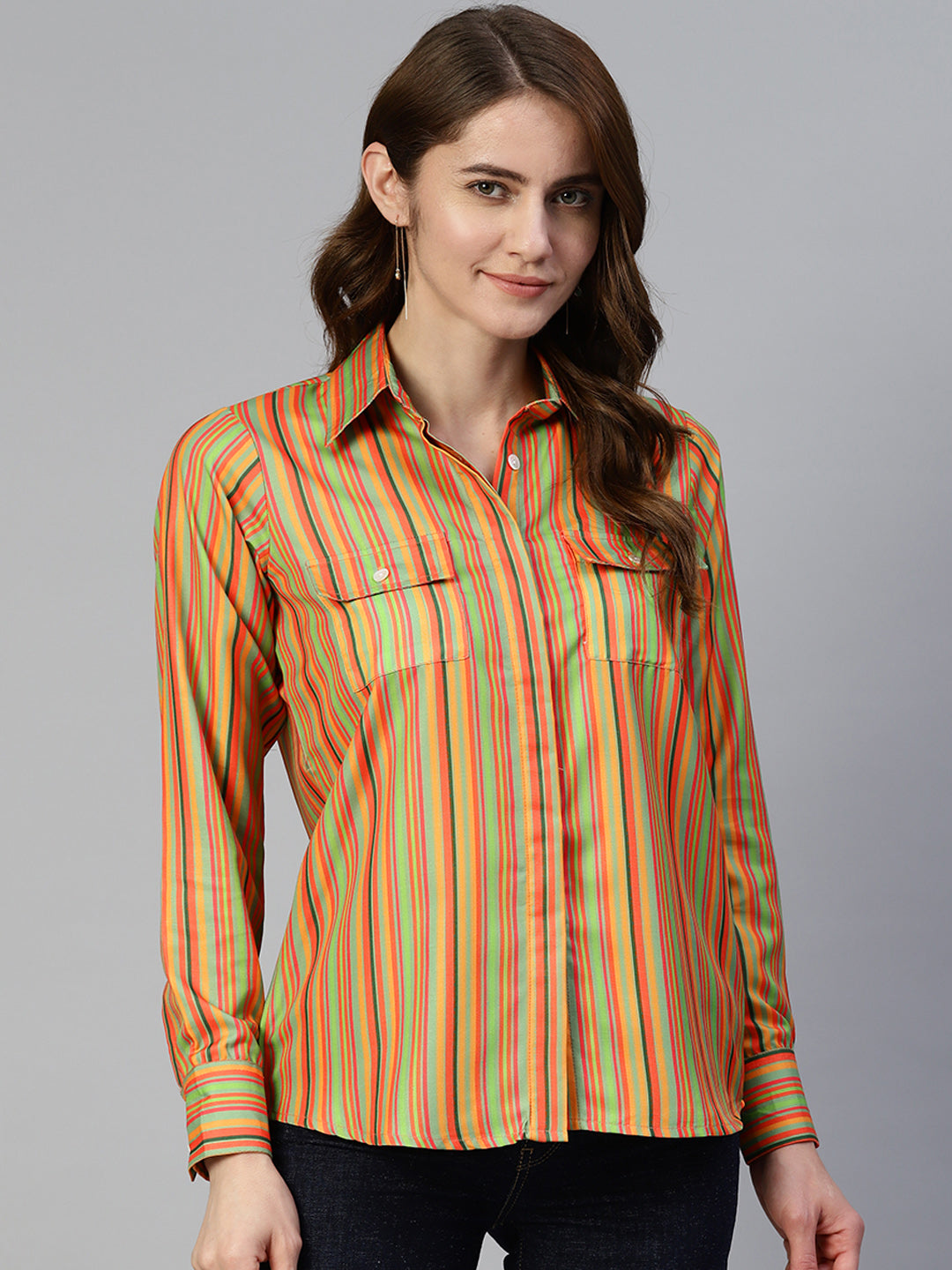 Women  Striped Double Pocket Shirt Style Top