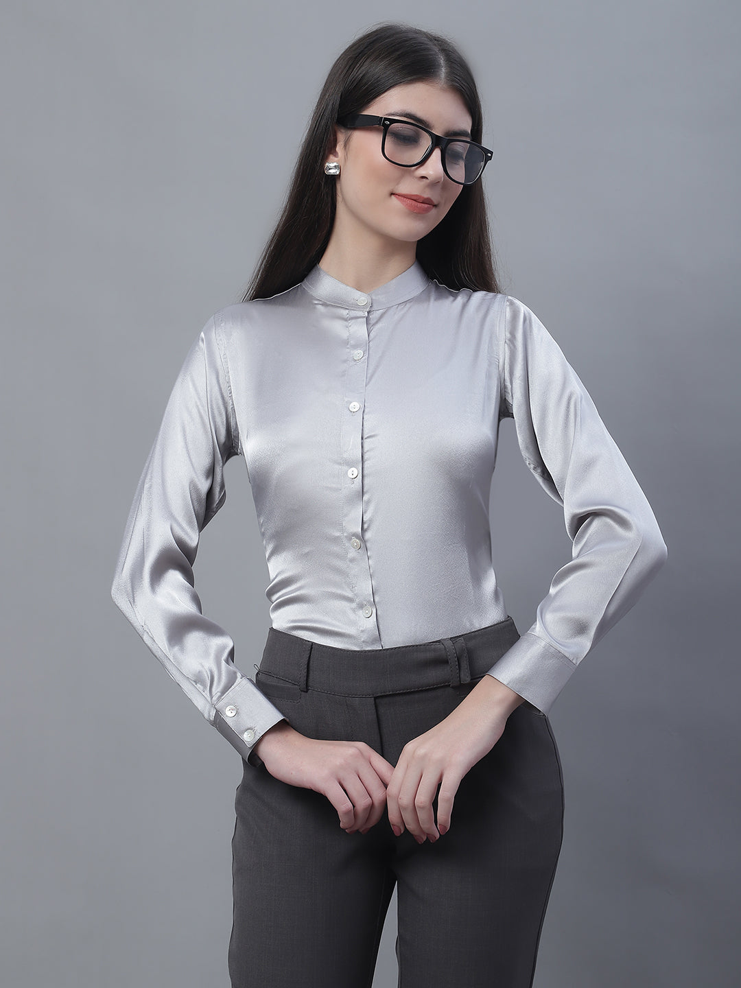 Women Grey Solid Shirt Style Top