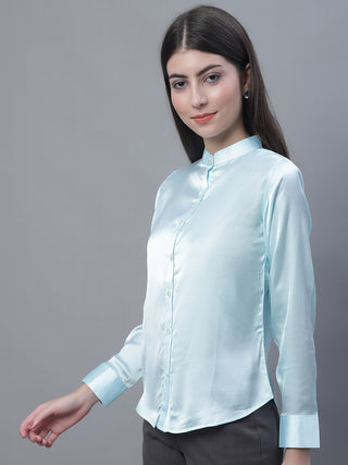 Women Sky Blue Solid Shirt Style Top