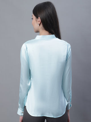Women Sky Blue Solid Shirt Style Top