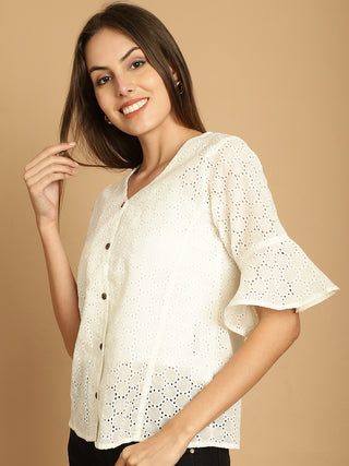 Embroidered Cotton V-Neck Top for Women