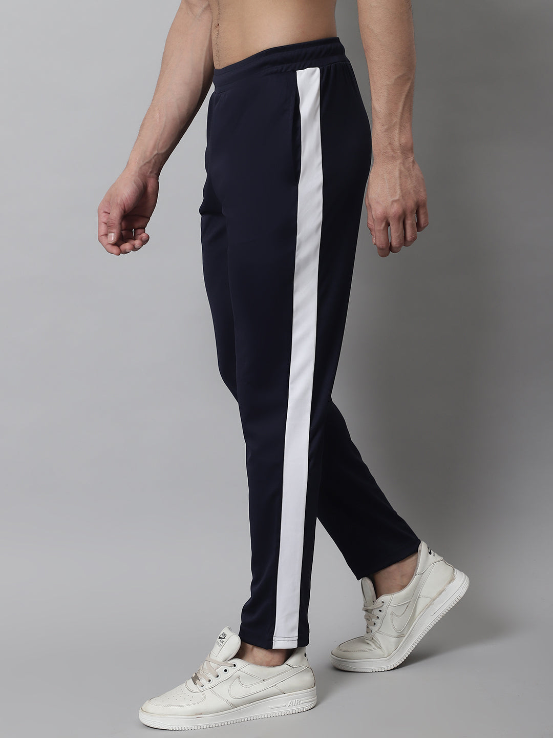 Men's Navy Blue and White Striped Streachable Lycra Trackpants