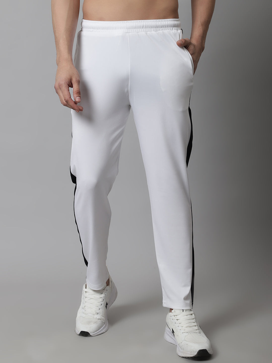 Men's White and Black Striped Streachable Lycra Trackpants