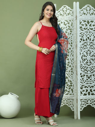 Backless Designer Kurta Palazzo Set with Floral Dupatta
