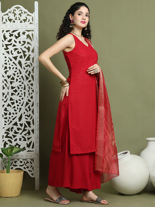 Embroidered Rayon Kurta Palazzos With dupatta