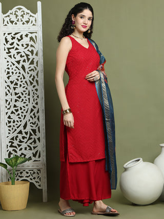 Embroidered Rayon Kurta Palazzos With dupatta