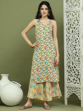 Foil Printed Sleeveless Kurta With Palazzos for Women