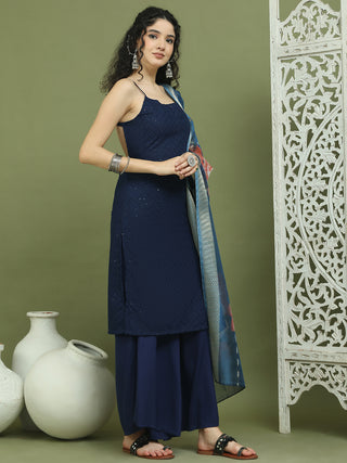 Backless Designer Kurta Palazzo Set with Floral Dupatta
