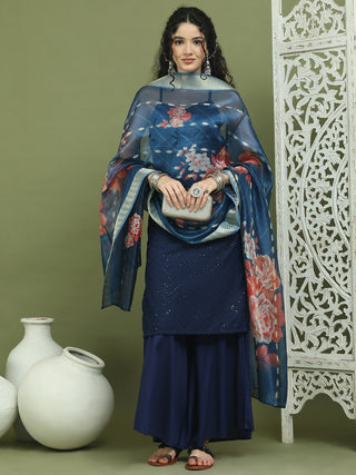 Backless Designer Kurta Palazzo Set with Floral Dupatta
