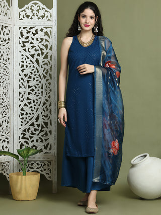 Embroidered Rayon Kurta Palazzos With dupatta