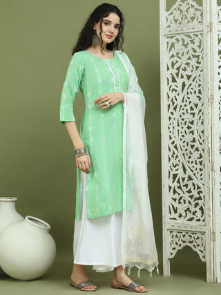 Lace Work, Woven Design straight Kurta Palazza & Dupatta