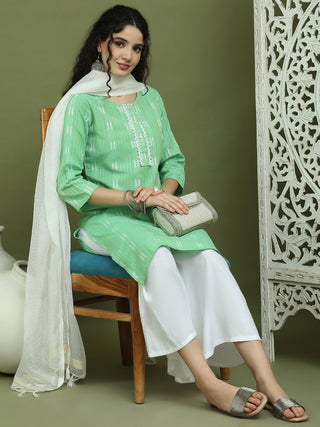 Lace Work, Woven Design straight Kurta Palazza & Dupatta