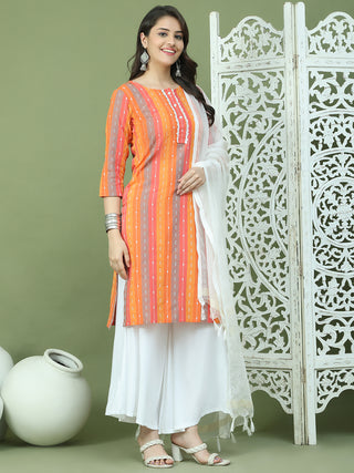 Lace Work, Woven Design straight Kurta Palazza & Dupatta