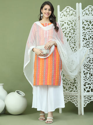 Lace Work, Woven Design straight Kurta Palazza & Dupatta