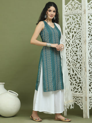 Foil Printed Rayon Kurta Palazzos & Dupatta for Women