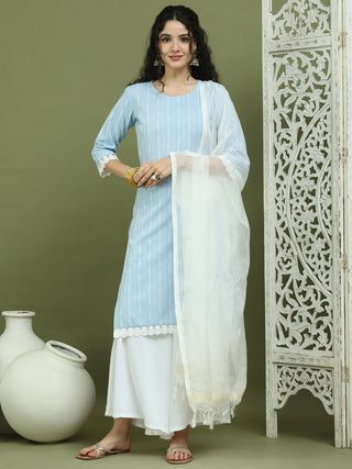 Lace Work, Woven Design straight Kurta Palazzo With Dupatta
