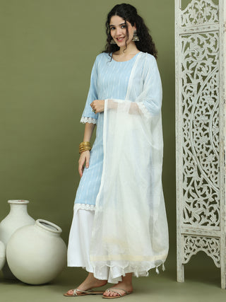 Lace Work, Woven Design straight Kurta Palazzo With Dupatta