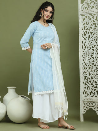 Lace Work, Woven Design straight Kurta Palazzo With Dupatta
