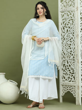 Lace Work, Woven Design straight Kurta Palazzo With Dupatta