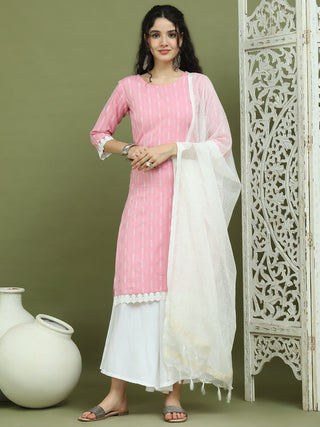 Lace Work, Woven Design straight Kurta Palazzo With Dupatta