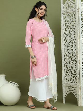 Lace Work, Woven Design straight Kurta Palazzo With Dupatta
