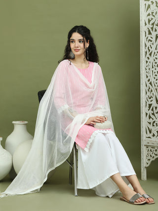 Lace Work, Woven Design straight Kurta Palazzo With Dupatta