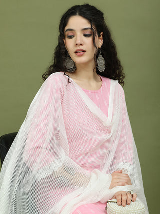 Lace Work, Woven Design straight Kurta Palazzo With Dupatta
