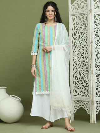 Lace Work, Woven Design straight Kurta Palazzo Dupatta Set