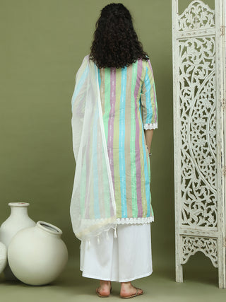 Lace Work, Woven Design straight Kurta Palazzo Dupatta Set