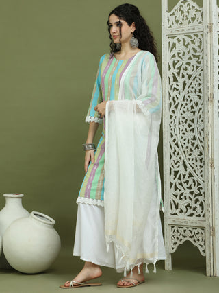 Lace Work, Woven Design straight Kurta Palazzo Dupatta Set