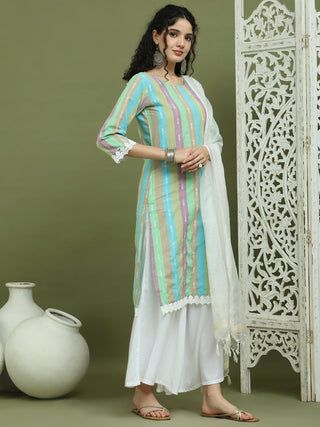 Lace Work, Woven Design straight Kurta Palazzo Dupatta Set