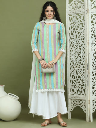 Lace Work, Woven Design straight Kurta Palazzo Dupatta Set