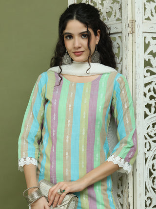 Lace Work, Woven Design straight Kurta Palazzo Dupatta Set