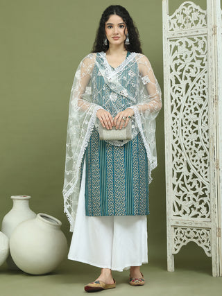 Foil Printed Rayon Kurta Palazzos & Dupatta for Women