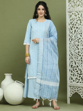 Lace Work, Woven Design straight Kurta Palazzo With Dupatta