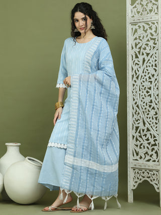 Lace Work, Woven Design straight Kurta Palazzo With Dupatta